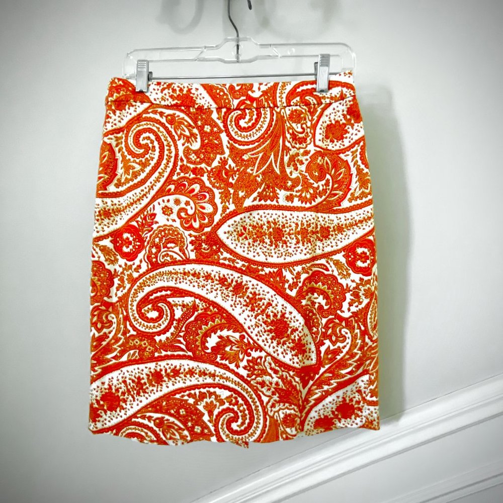 J. Crew Orange Paisley Stretch Cotton Pencil Skirt